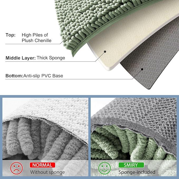Smiry Luxury Chenille Bathroom Rugs 59x35, Extra Soft and Absorbent Shaggy Bath Mat, Machine Washable, Non-Slip Plush Carpet Runner for Tub, Shower, and Floor, Home Decor Accessories, Sage Green - ModernBath