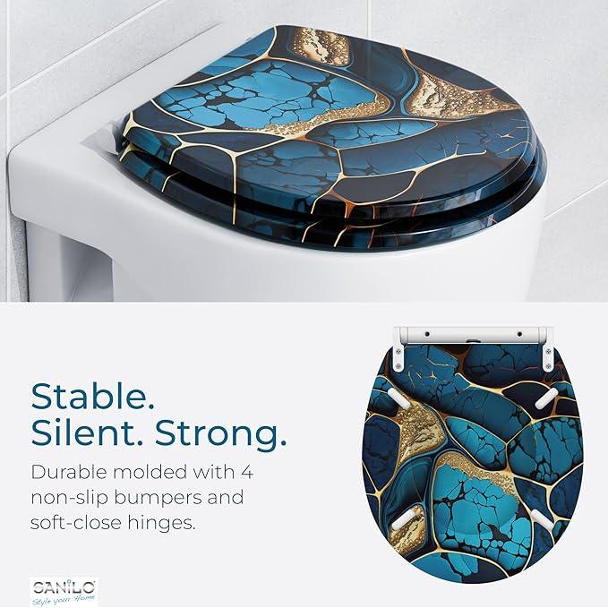 Sanilo Wooden Toilet Seat with Quick Release & Soft Close [ROUND] - Decorative & Slow Close Molded Wood Seat - With One Click for Easy Installation & Cleaning - With Adjustable Fit (Marble Cobalt) - ModernBath