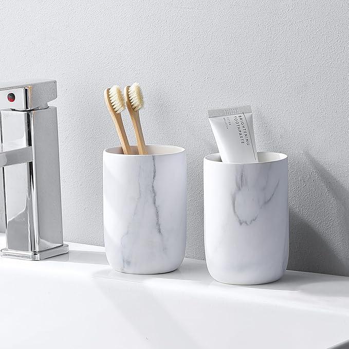 Marble Toothbrush Holders - 2 Ceramic Toothbrush Holders for Bathrooms Toothbrush Toothpaste Holders Set, White Bathroom Tumbler Cups Reusable Toothbrush Mouthwash Cup, Bathroom Counter Organizer. - ModernBath