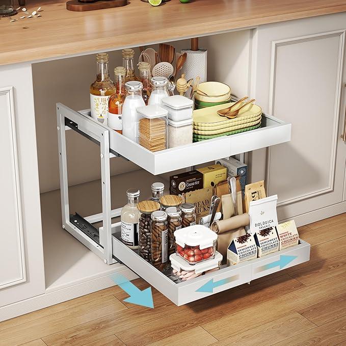 Golener 2-Tier Expandable Pull Out Cabinet Organizer - Slide Out Drawers for Kitchen Cabinets, Bathroom Organizers and Storage, Under Sink Organizer for Kitchen Storage Organization, White Metal Frame - ModernBath