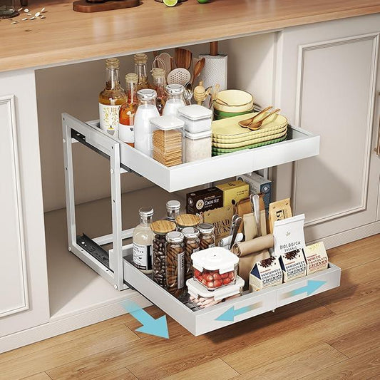 Golener 2-Tier Expandable Pull Out Cabinet Organizer - Slide Out Drawers for Kitchen Cabinets, Bathroom Organizers and Storage, Under Sink Organizer for Kitchen Storage Organization, White Metal Frame - ModernBath