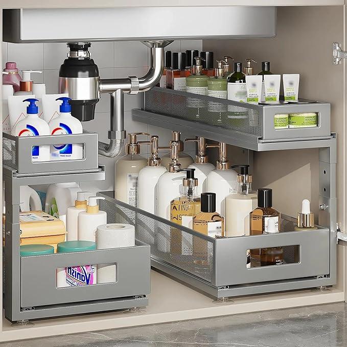 2 Pack 18.5IN-Depth Under Sink Organizer With Next-Gen Ball-Bearing Slides,2-Tier Pull Out Cabinet Storage,Height Adjustable Drawer Shelf for Bathroom,Kitchen,Laundry,Cabinet,Pantry-Gun Gray - ModernBath