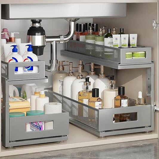 2 Pack 18.5IN-Depth Under Sink Organizer With Next-Gen Ball-Bearing Slides,2-Tier Pull Out Cabinet Storage,Height Adjustable Drawer Shelf for Bathroom,Kitchen,Laundry,Cabinet,Pantry-Gun Gray - ModernBath