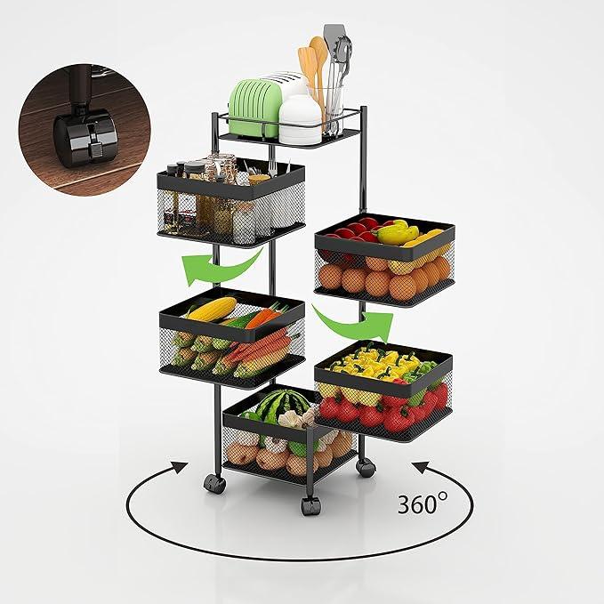 Fruit and Vegetable Basket for Kitchen No Assembly， Rotating Storage Rack,Bathroom Storage Shelf, Kitchen Organizers and Storage Cart on Rolling Wheels(Black, 5 Tier-Square) - ModernBath