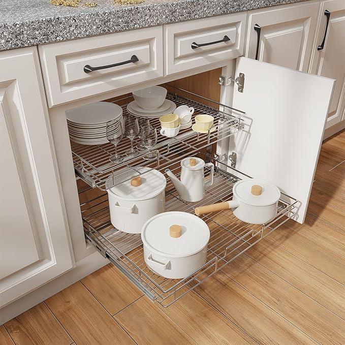 ROOMTEC Individual Pull Out Cabinet Organizer (28½" W x 21½" D), 2 Tier Spice Rack Organizer for Cabinet, Slide Out Drawer Pantry Shelf Organization and Storage for Kitchen Bathroom - ModernBath