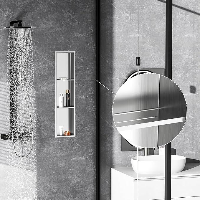 Qeke Stainless Steel Shower Niche 8" X 36", No Tile Needed Wall Niche Three-Tier, Recessed Shower Shelf for Bathroom Storage, Brushed Nickel - ModernBath