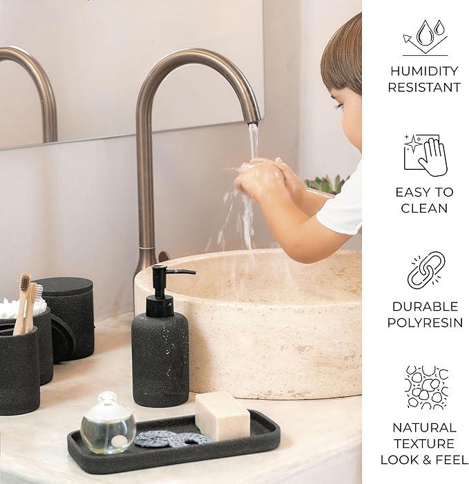 ZCCZ Black Stone Bathroom Accessories Set 6 Pieces - Toothbrush Holder, Lotion Dispenser, Qtip Container, Vanity Tray, Tumbler - Countertop Organizer for Bathrooms - Elegant and Functional Décor Set - ModernBath