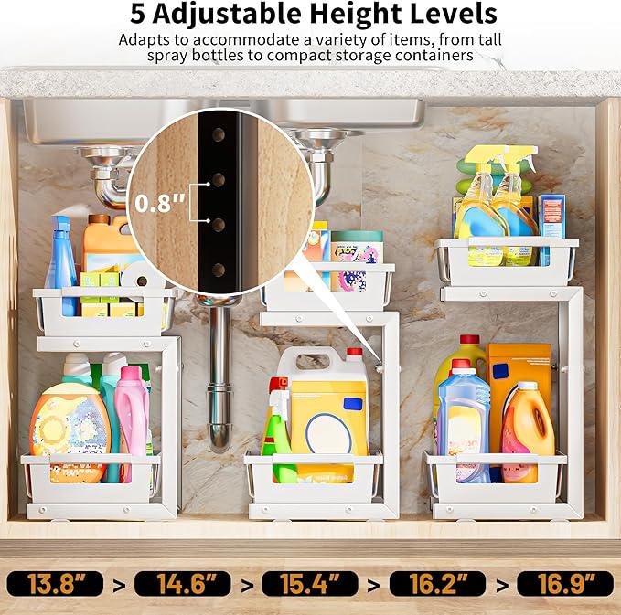 Under Sink Organizer 2 Pack, 2 Tier Adjustable Height Reinforced Carbon Steel Under Kitchen Bathroom Sink Storage Organizer, Smooth Pull-Out Under Sink Cabinet Rack Drawer Organizer, White - ModernBath