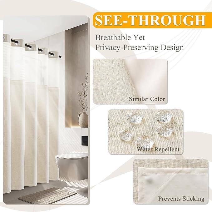 Jowels No Hooks Needed Linen Shower Curtain and Liner Set,Beige Hotel Luxury Decor Shower Curtains for Bathroom with See Through Top Window,Water Resistant Fabric,72Wx72L,Cream - ModernBath