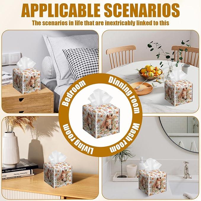 Horse Floral Tissue Box Cover 2PCS, Leather Tissue Box Holder Square Facial Paper Case Tissue Box Cube Organizer for Bathroom Bedroom Desk Office - ModernBath