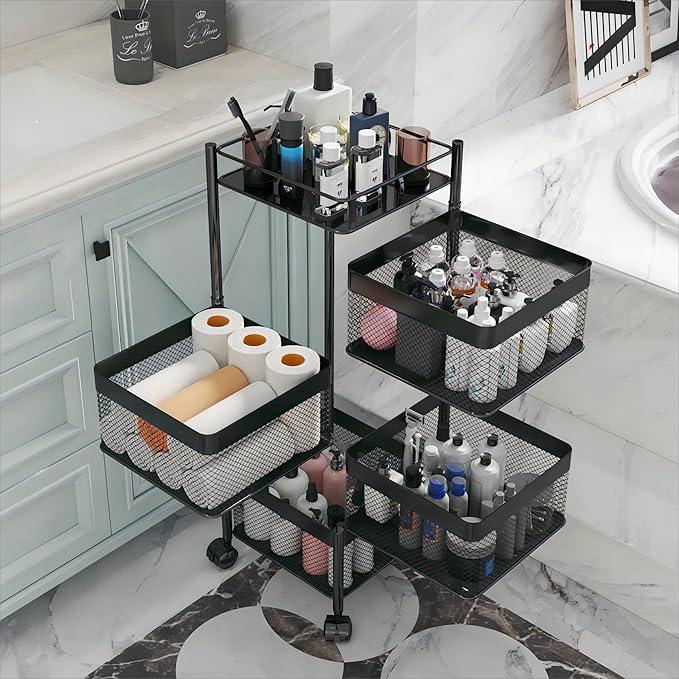 Rotating Kitchen Storage Rack，Bathroom Shelf，Kitchen Organization and Storage，Bathroom Storage Organizer，Fruit Basket，Rolling Carts with Wheels(Black, 4 Tier-Square) - ModernBath
