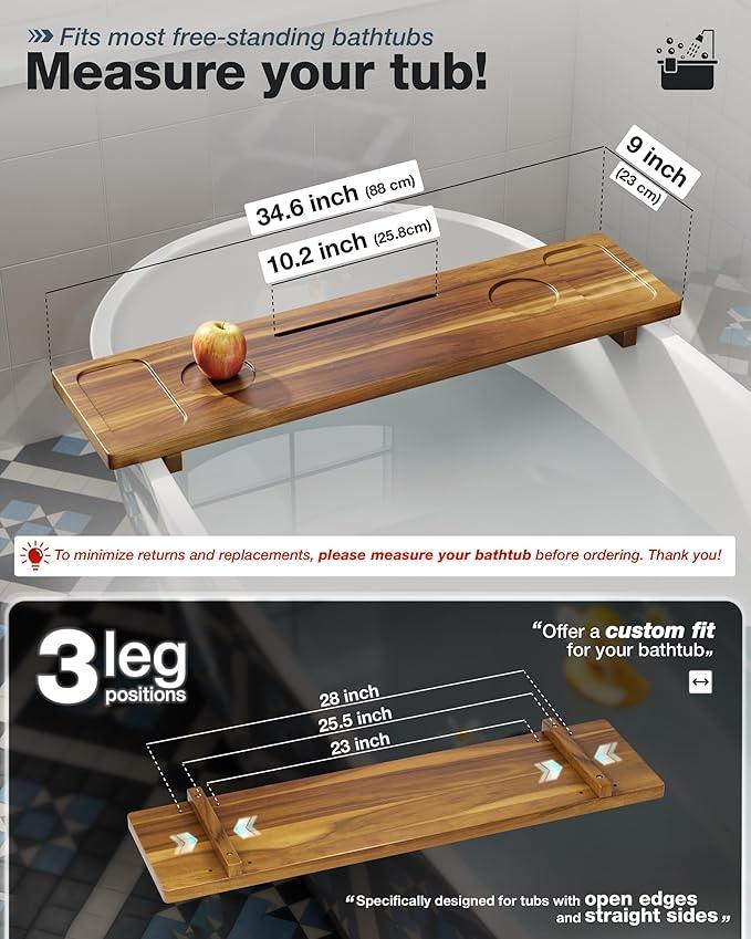 LotusSway Bathtub Tray, Acacia Bath Tray for Tub, 34.6''x9'' Wooden Bathtub Caddy Tray with Adjustable Legs Fit Various Bathtubs, Anti-Tipping, Sustainable Bath Table with Wine Glass and Tablet Holder - ModernBath