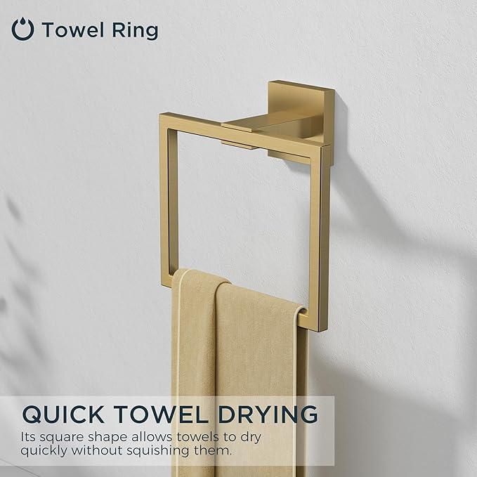FORIOUS Toilet Paper Holder Set Wall Mount, SUS 304 Stainless Steel Pivoting Toilet Paper Holder and Towel Ring, Hand Towel Holder Set for Bathroom, Square Bathroom Hardware Set, Brushed Gold - ModernBath