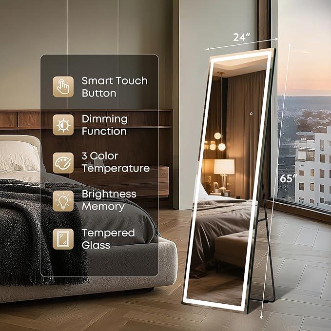 Kosmonia 65x24 Full Length Mirror, Dimmable 3 Color LED Light w/Light Memory, Distortion Free Silver Coating Mirror, HD Reflection &Anti Desilvering,Tempered Glass &Shatter Proof Film Doubles Safety - ModernBath