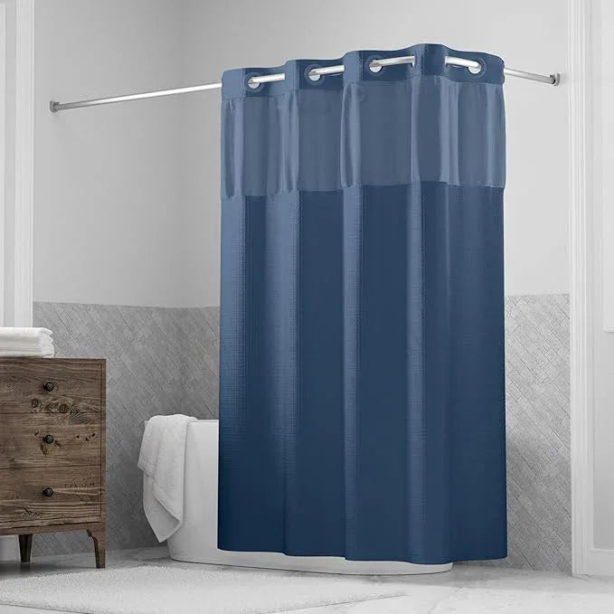 Hookless It’s A Snap! Waffle Shower Curtain, 3-in-1 Curtain Includes Fabric Shower Curtain with Sheer Top Window, Flex-On Rings & Fabric Liner with Magnets, 71” x 74”, Navy - ModernBath