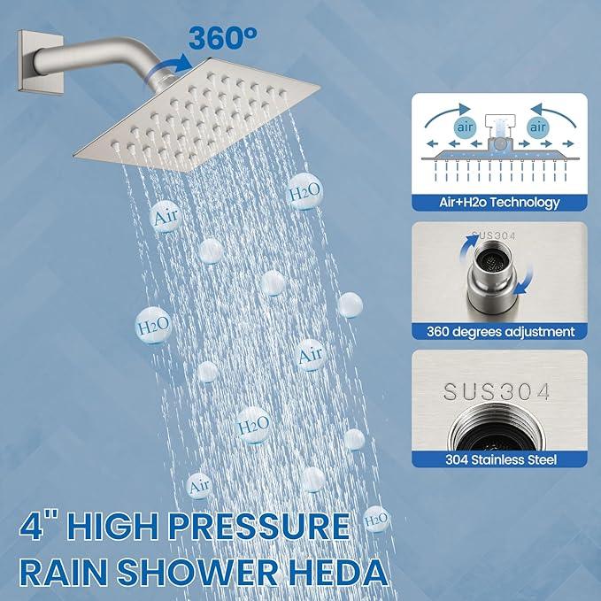 Airuida Shower Faucet Set Bathroom Rain Shower System SUS304 Stainless Steel Single Handle With Male Threads Rough-in Valve Shower Trim Kit 4 Inch Wall Mount Shower Head Brushed Nickel - ModernBath
