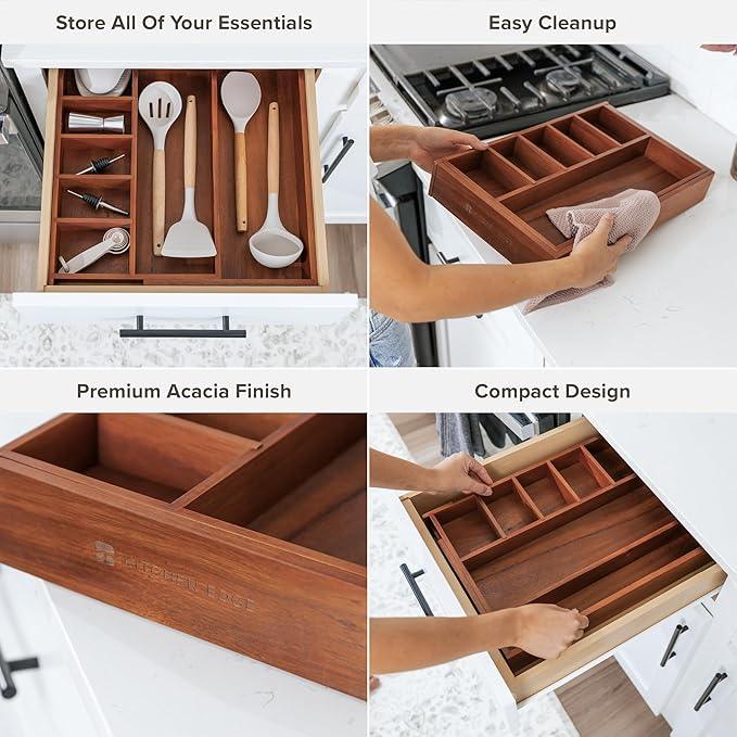 KitchenEdge Adjustable Kitchen Drawer Organizer for Utensils and Junk, Food-Safe Contract Grade with 100% Sustainable Wood, Non-Slip, Expandable from 10.5 to 18.5 Inches Wide - Natural Acacia - ModernBath