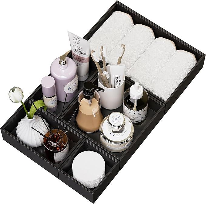 Bamboo Drawer Organizer Set, 5 PCS Multi-use Varied Sizes Junk Drawer Organizer Kitchen Storage Box for Office, Home, Bedroom, Bathroom, Black - ModernBath