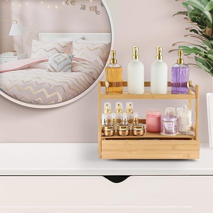 Sorbus Bamboo Bathroom Counter Organizer – 2-Tier Shelf with Hidden Drawer for Vanity, Matcha Station, Bathroom Sink Organizer Countertop, Kitchen & Office Storage (17″ L x 6.5″ W x 12.6″ H) - ModernBath