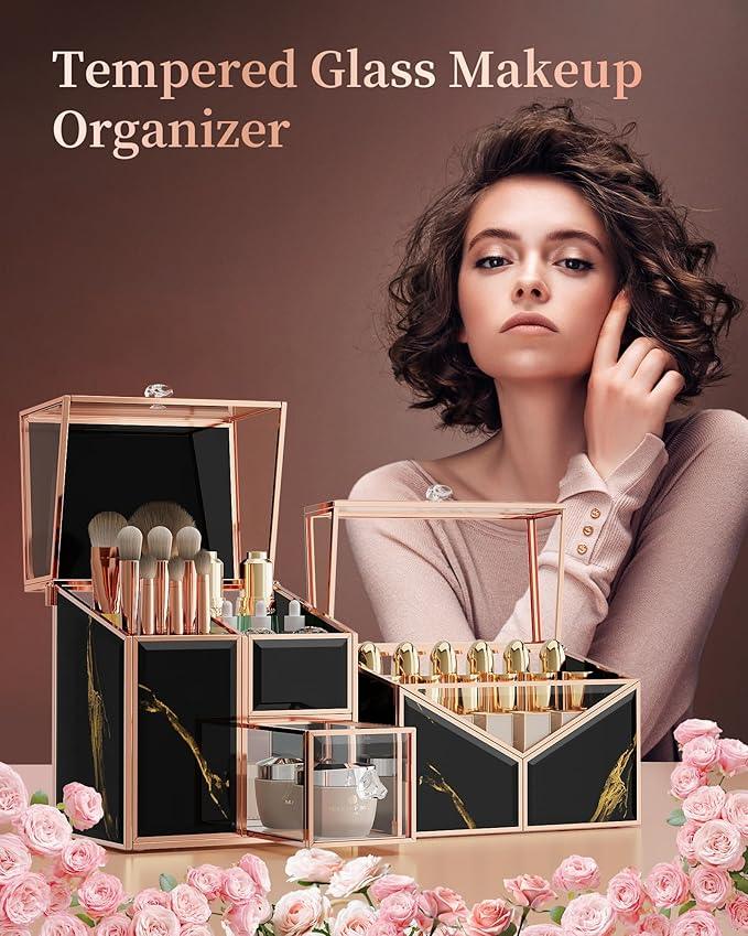 CoralHouse black makeup organizer – Vanity Holder with 18-Slot Lipstick Organizer & Covered Makeup Brush Holder – Skincare, Perfume & Cosmetic Display for Bathroom or Dresser - ModernBath