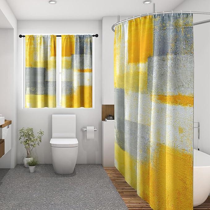 Culudea Grey Yellow Painting Shower Curtain Set, Gray Contemporary Abstract Bathroom Window Waterproof Shower Curtain Set for Bathroom Decor - ModernBath