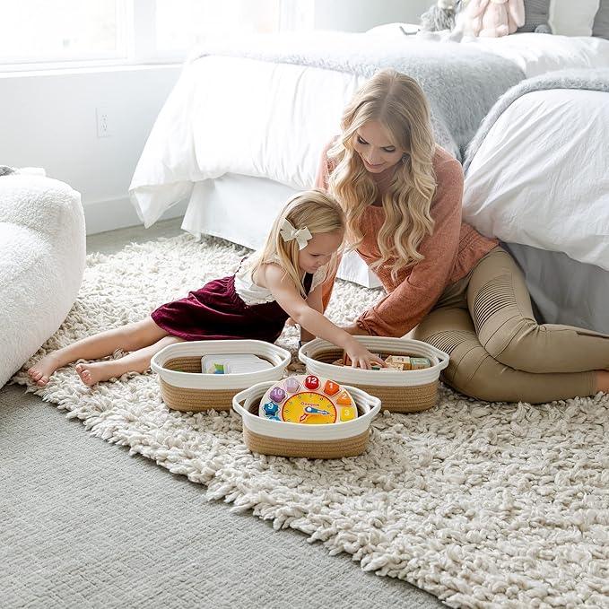 NaturalCozy 5-Piece Rectangle Storage Basket Set- Natural Cotton Rope Woven Baskets for Organizing! Small Basket for Montessori, Baby Nursery, Dog Toy Baskets, Cat Toy Box, Bathroom Organization Bin - ModernBath
