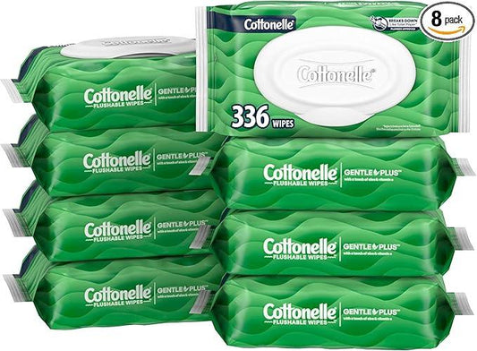 Cottonelle GentlePlus Flushable Wet Wipes with Aloe & Vitamin E, 8 Flip-Top Packs, 42 Wipes Per Pack (336 Total Wipes), Packaging May Vary - ModernBath