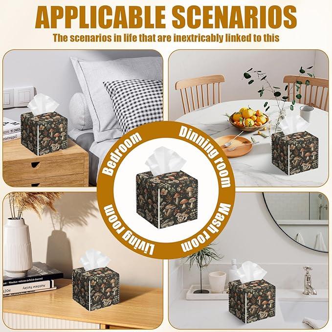 Vintage Mushroom Tissue Box Cover 2PCS, Leather Tissue Box Holder Square Facial Paper Case Tissue Box Cube Organizer for Bathroom Bedroom Desk Office - ModernBath