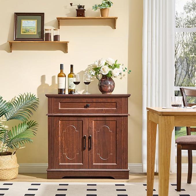 Farmhouse Storage Cabinet with 2 Doors and 1 Drawer, Adjustable Shelf, Freestanding Kitchen Pantry Cabinet, Modern Buffet Sideboard Coffee Bar Cabinet Living Room Bathroom Dining Room Cherry - ModernBath