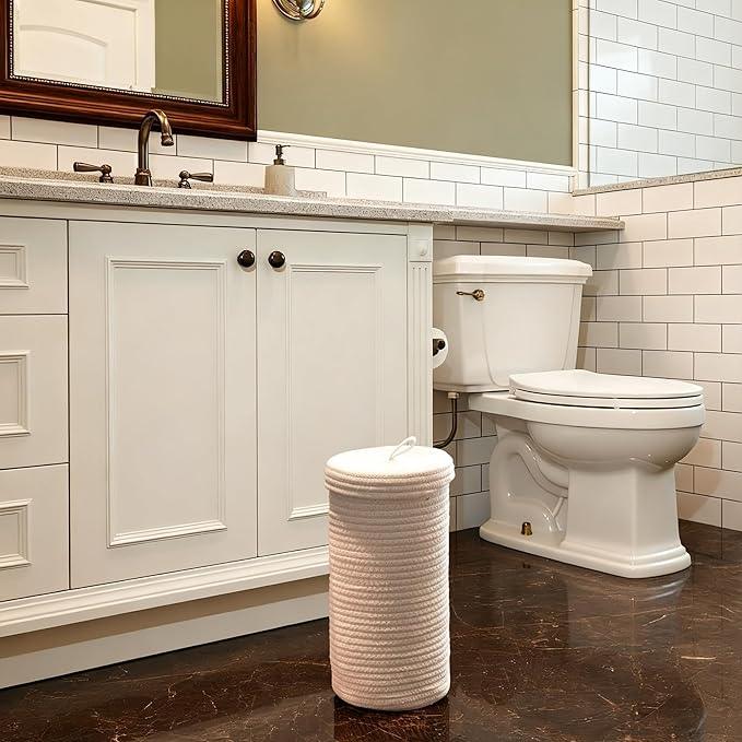 Toilet Paper Holder Handmade – Cotton Woven Toilet Paper Stand & Storage Basket with Lid, Freestanding Organizer for Bathroom, Fits 3 Rolls White - ModernBath