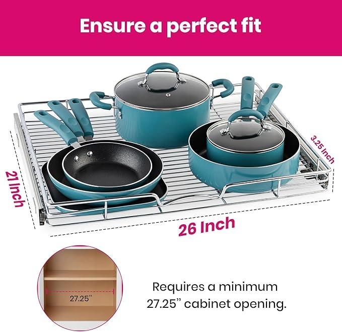 HOLDN’ STORAGE Pull Out Cabinet Organizer, Heavy Duty Caddy w/Lifetime Limited Warranty -26”W x 21”D - Requires At Least 27-1/4” Cabinet Opening, Steel Metal Cabinet Drawers Slide Out, Chrome - ModernBath