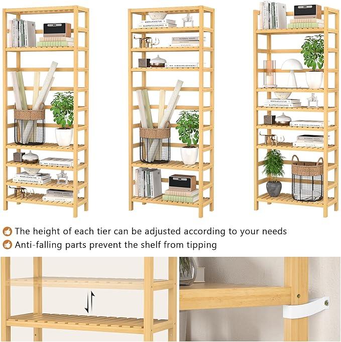 Homykic 6-Tier Bamboo Bookshelves and Bookcases, Adjustable 63.4”Tall Shallow Book Shelf Organizer Rack, Freestanding Storage Shelving Unit for Living Room, Kitchen, Bathroom, Office, Natural - ModernBath