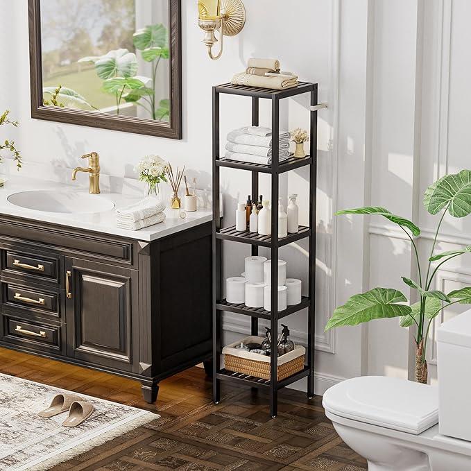 SMIBUY Bathroom Storage Shelf, 5-Tier Bamboo Rack Organizer, Multifunctional Shelving Unit for Living Room Bedroom Kitchen (Black) - ModernBath
