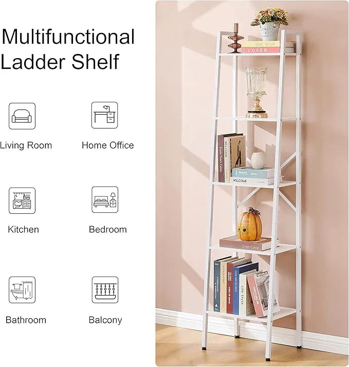 Hoctieon 5-Tier Industrial Ladder Bookshelf, Narrow Ladder Shelf, Tall Standing Bookshelf, Skinny Open Ladder Shelf, for Living Room, Home Office, Kitchen, Bedroom, Metal Frame, White - ModernBath