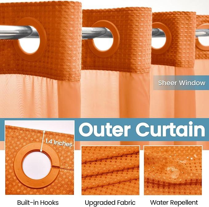 EUTXL Burnt Orange No Hook Shower Curtain with Snap in Liner,230GSM Waffle Weave Shower Curtains for Bathroom,71W x 74H - ModernBath