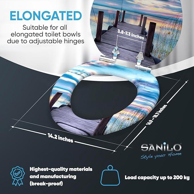SANILO Wooden Toilet Seat with Soft Close [ELONGATED] - Decorative, Quiet & Slow Close Molded Wood Seat - With Strong Bumpers & Hinges - Adjustable Fit - Sunset - ModernBath