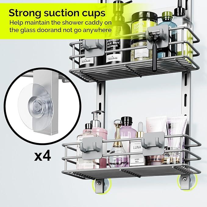 Orimade Over The Door Shower Caddy Adjustable 3 Tier Silver,Bathroom Hanging Organizer Shelf Rustproof with 4 Hooks,Shower Basket with Soap Holder and Suction Cup - ModernBath