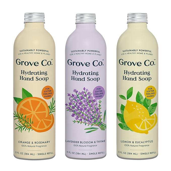Grove Co. Hydrating Gel Hand Soap Refills (3 x 13 Fl Oz) Plastic-Free Liquid Hands Cleaner Refill Set, 100% Natural Lemon & Eucalyptus + Lavender & Thyme + Orange & Rosemary Fragrance - ModernBath