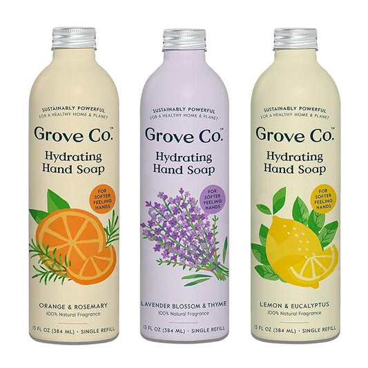 Grove Co. Hydrating Gel Hand Soap Refills (3 x 13 Fl Oz) Plastic-Free Liquid Hands Cleaner Refill Set, 100% Natural Lemon & Eucalyptus + Lavender & Thyme + Orange & Rosemary Fragrance - ModernBath