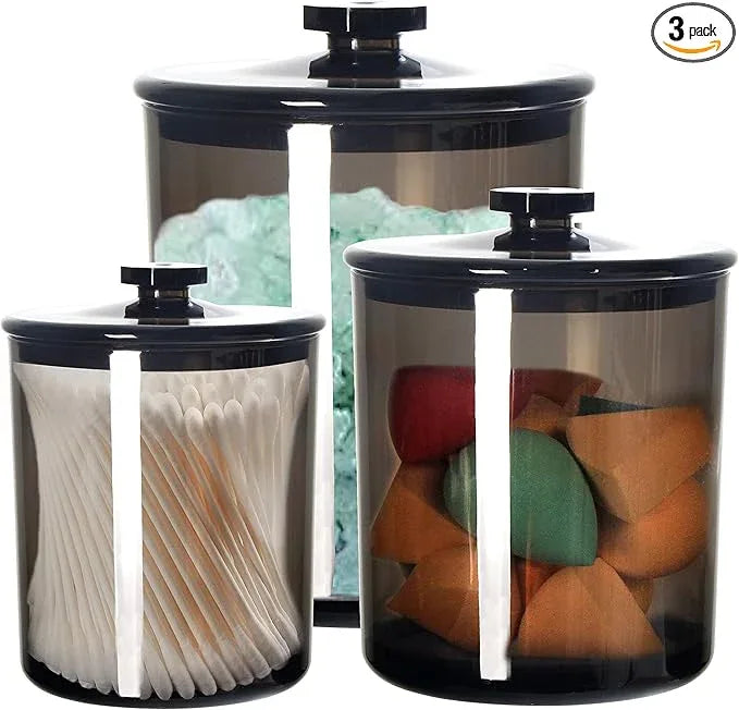 Youngever Black Plastic Apothecary Jars, Qtip Holder, Cotton Swab Holder, Bathroom Vanity Organizer for Cotton Balls, Cotton Pads, Qtips (3 Sets) - ModernBath