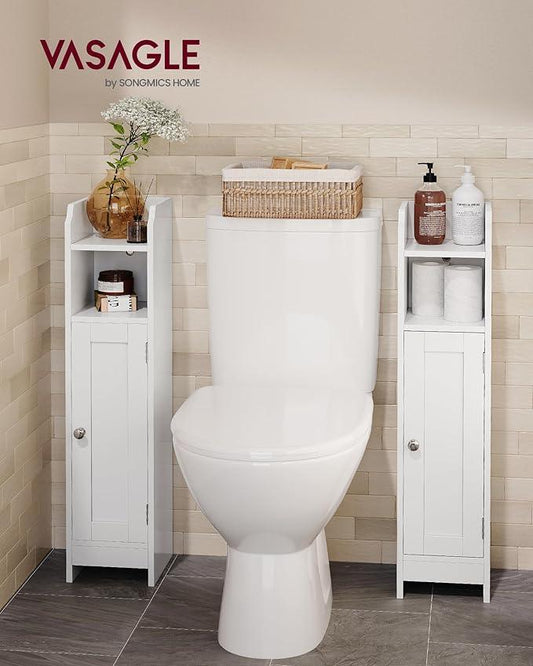 VASAGLE Small Storage Corner Floor Cabinet with Door, 7.9 x 7.1 x 31.5 Inches, Narrow Toilet Paper Storage Holder, Adjustable Shelves, for Bathroom, Living Room, Small Spaces, Cloud White UBBC310W01 - ModernBath