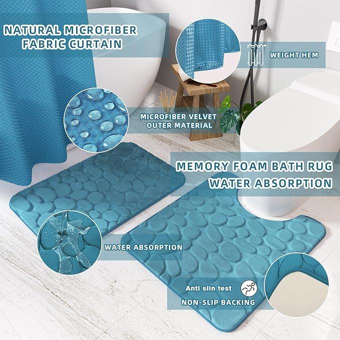 XLHOMO Bathroom Set with Shower Curtain and Rugs- 25PC Teal Bathroom Set, Bathroom Accessories Set, Shower Curtain Set, Trash Can, Qtip Holder Dispenser & Soap Dispenser - ModernBath