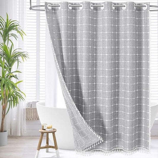 MitoVilla No Hooks Needed Boho Farmhouse Shower Curtain with Snap-in Liner, Cotton Linen Fabric Shower Curtains with Tassels for Rustic Neutral Bathroom Decor, Grey, 72 x 74 - ModernBath