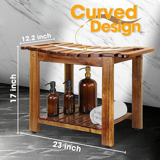 Shower Stool Bench Chair Waterproof with Storage Shelf for Shaving Legs, Spa, Bath Seat, Inside Shower Bench for Adults Seniors Elderly, Outdoor Side Table, Patio, Pool, End Table (24 in with Handle)
