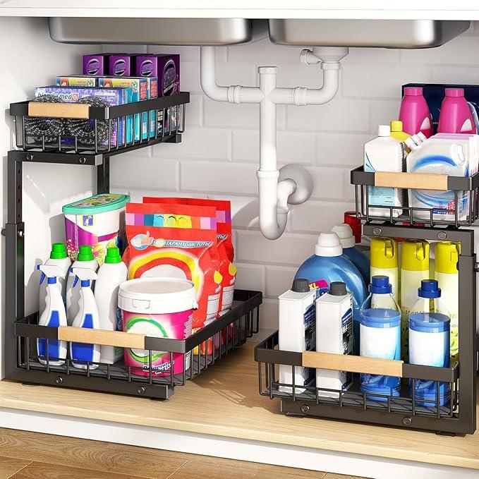 PXRACK 2 Pack Under Sink Organizer,Adjustable Height,2 Tier Pull Out Under Cabinet Organizer,Slide Out Thickened Metal Under Sink Storage for Kitchen Bathroom Laundry Cabinet Pantry,Black(L) - ModernBath