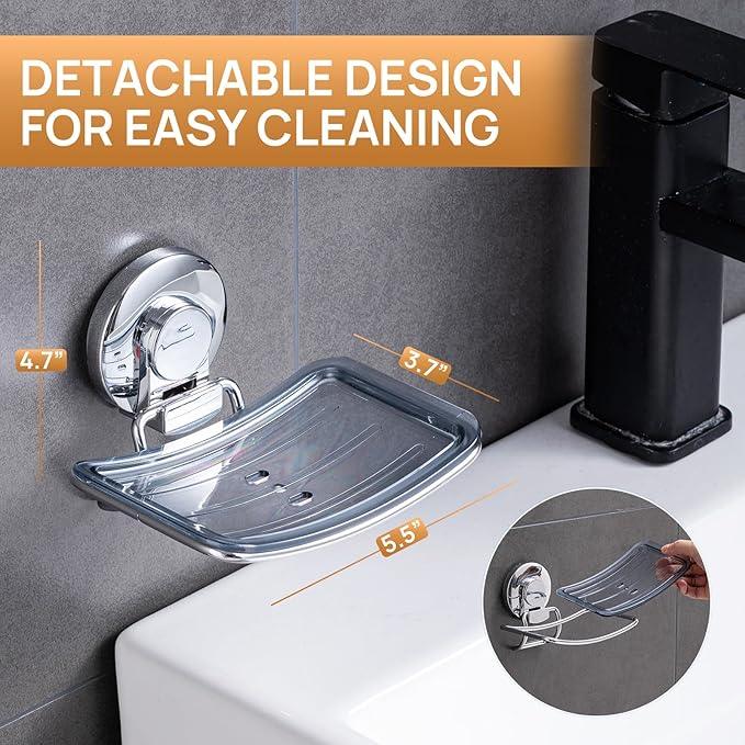 LEVERLOC Chrome Suction Cup Soap Dish Holder for Shower Wall Drill-Free Rustproof Waterproof Wall Mount Strong Suction Removable Bar Soap Sponge Holder for Bathroom Bathtub Kitchen - ModernBath
