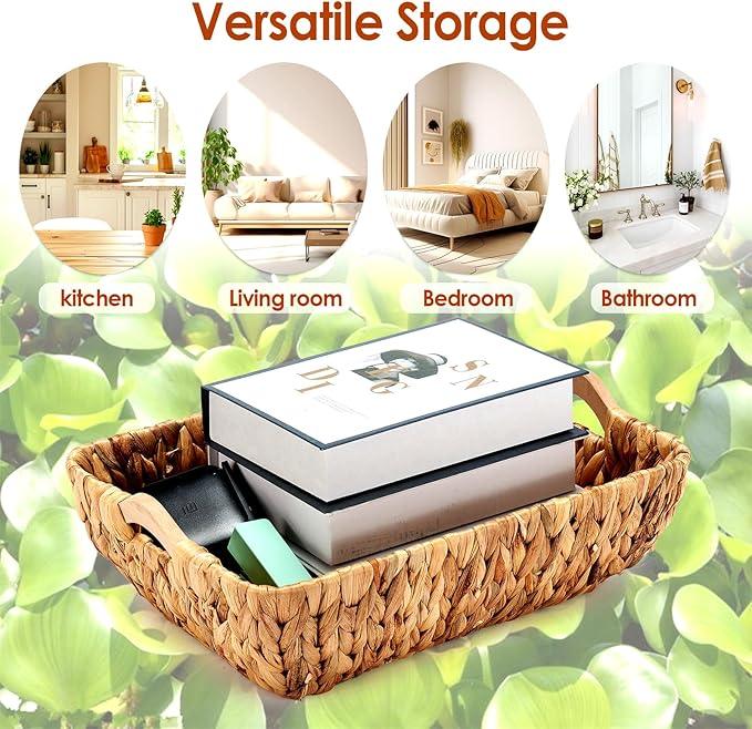 Wicker Baskets 2 Pack, Water Hyacinth Wicker Storage Basket with Wooden Handles, Hand-Woven Baskets for Storage, Natural - ModernBath
