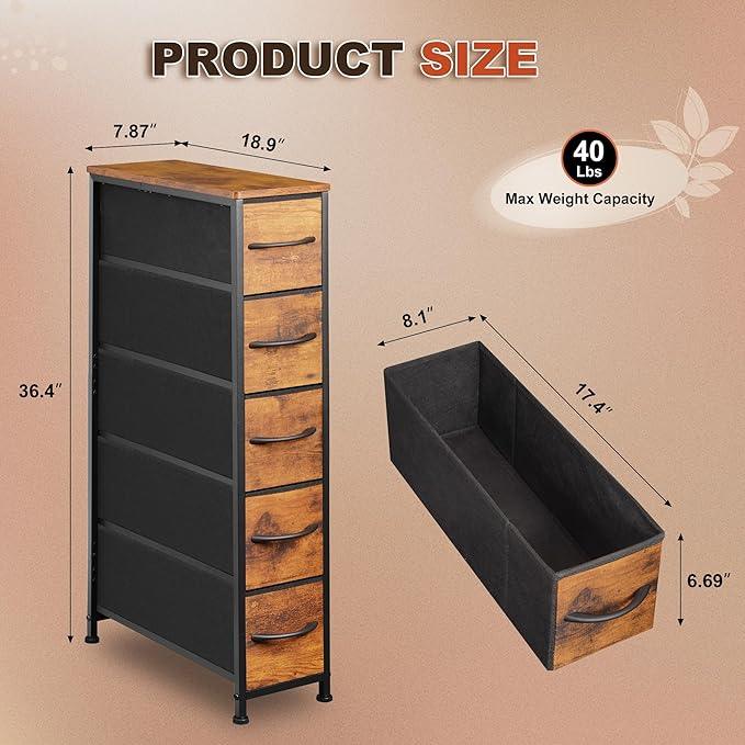 Narrow Dresser Storage Tower with 5 Drawers, Slim Dresser Chest of Drawers with Steel Frame, Wood Top, Dresser for Bedroom, Bathroom, Small Spaces, Laundry, Closet, Rustic Brown - ModernBath