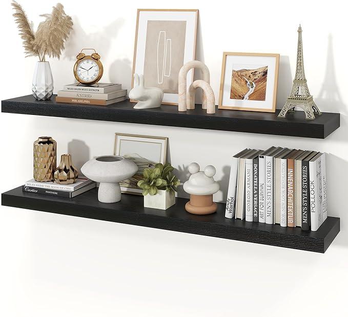 Floating Shelves for Wall, Wall Mounted Rustic Wood Shelves for Bathroom, Bedroom, Living Room, Kitchen, Hanging Shelf for Books/Storage/Room Decor (Black, 48") - ModernBath