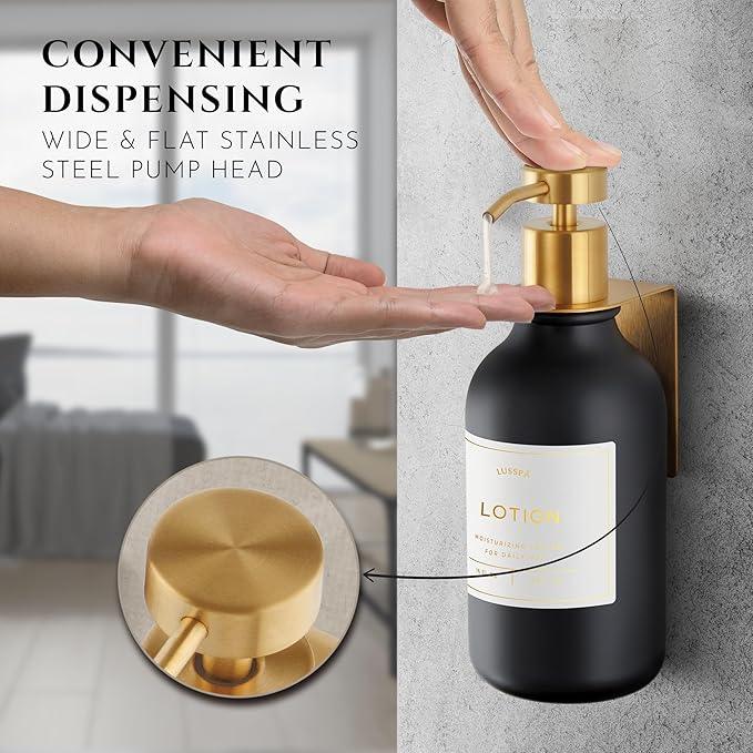 Shampoo & Conditioner Dispenser - Shower Soap Dispenser Wall Mounted - 16.9 Oz Plastic Bottle with Pump & Holder - Shampoo Dispenser - Shower Dispenser Chamber No Drill (1 X Black/Gold) - ModernBath